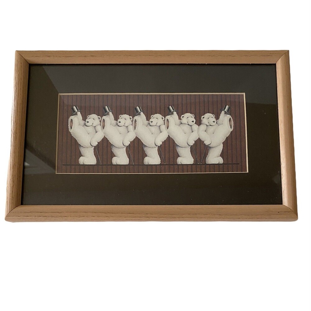 Vintage Dancing Polar Bears Wood Framed Matted Art Print 12 X 7 Heartprint Inc.